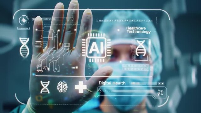 Surgeon Interacting with AI Healthcare Tech Interface Futuristic Medical Innovation, Digital Health, and Advanced Medical Concept. - Powered by Adobe