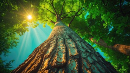 A tall tree seen from below with bright sunlight shining through green leaves, showcasing the forest canopy.