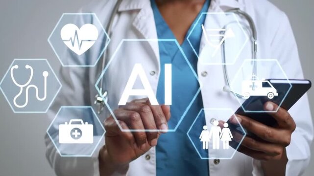 AI Healthcare Doctor Using Artificial Intelligence on Phone for Medical Services - Animated Icons, Modern Medicine 168 characters