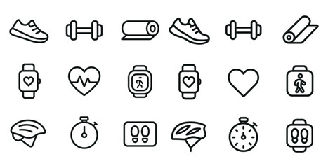 Fototapeta premium Fitness and workout outline icons set – exercise, gym, health symbols