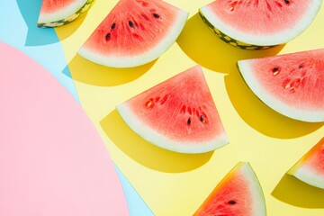 Flat lay of fresh watermelon slices on colorful pastel background for summer lifestyle theme.