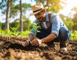 Farmer Planting Young Trees in Reforestation Project — Sustainable Agriculture Theme