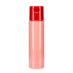 Pink Plastic Cosmetic Bottle With Red Cap Isolated