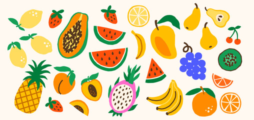 Bright tropical exotic summer fruits vector illustrations set. Watermelon, papaya, pineapple, mango, pears, bananas, oranges, lemons, berries, grapes, kiwi, dragon fruit doodles