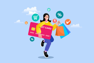 A happy woman holds a giant credit card and shopping bags, surrounded by icons for shopping, food, and discounts. This scene symbolizes a cashless society, consumerism, and credit card rewards.