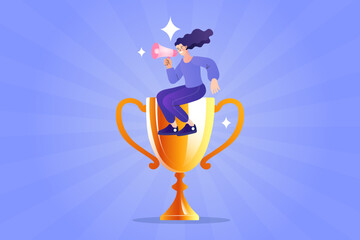 businesswoman with a megaphone sitting on a giant golden trophy, symbolizing the announcement of success, leadership, and victory. Modern flat vector illustration .