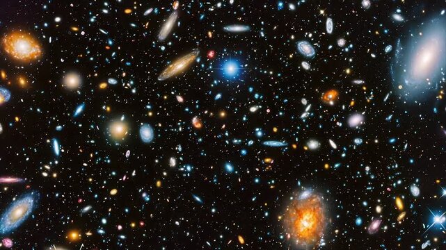 A vibrant deep-field image showcasing countless galaxies of varying sizes, shapes, and colors scattered across a dark cosmic background