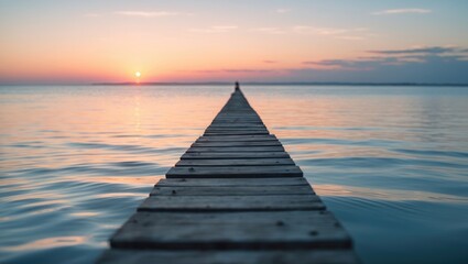 Obraz premium A wooden pier extending into a calm lake during sunset.