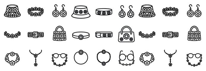 Fashion accessories outline icons set – jewelry, bracelet, necklace symbols