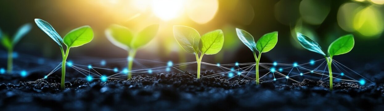 Young green seedlings sprouting from soil, connected by a digital network, symbolizing growth, technology, and innovation in agriculture.
