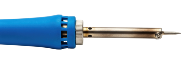 Precision soldering tool with blue handle for electronics repair and assembly transparent background, cutout PNG