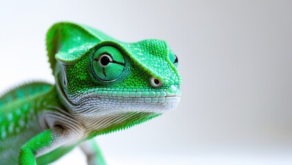 Close-up of a green gecko with detailed scales and large eyes.