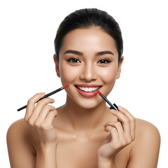 Fototapeta premium Portrait of a Young Asian Woman Applying Red Lipstick