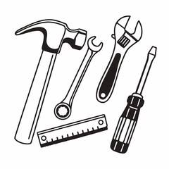 Hammer and screwdriver construction tools equipment set on white background