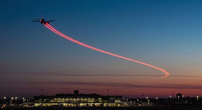 Airplane Light Trails Over Airport at Dusk Modern Air Travel Dynamic
