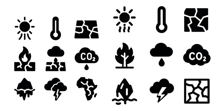 Climate change silhouette icons set &ndash; solid, environmental, global warming symbols