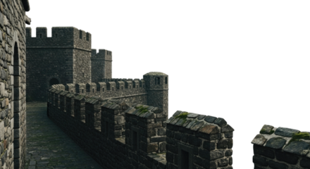 Historic stone fortress wall with towers and battlements in a clearing, transparent background, cutout PNG
