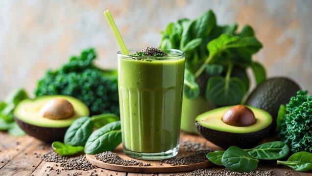 Fresh green smoothie in glass with avocado, spinach, and kale, highlighting healthy green vegetables and natural ingredients.