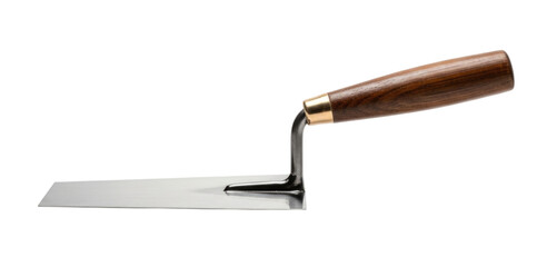 Trowel with wooden handle for garden work and construction purposes, transparent background, cutout PNG