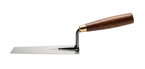 Trowel with wooden handle for garden work and construction purposes, transparent background, cutout PNG