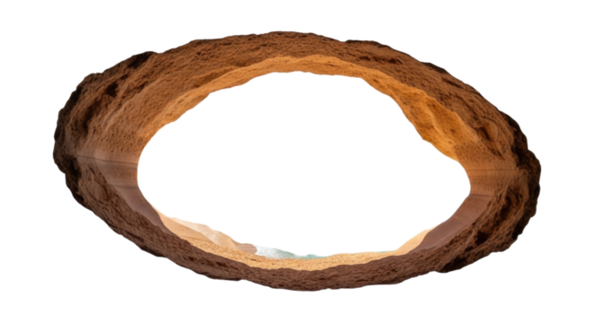 Natural rock formation with hollow cave structure highlighting sandy beach landscape transparent background, cutout PNG