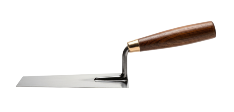 Trowel with wooden handle for garden work and construction purposes, transparent background, cutout PNG