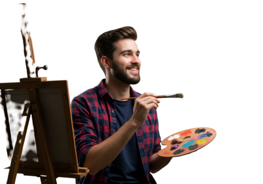 Portrait of Male Artist Painting on Canvas in Art Studio