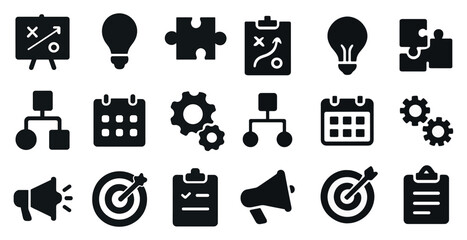 Business strategy solid icons set – filled, growth, planning essentials
