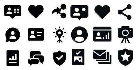Social media solid icons set &ndash; filled, communication, sharing symbols