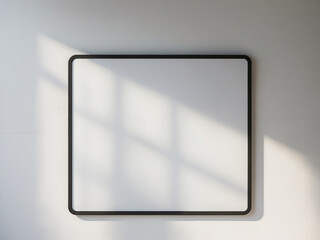 Fototapeta premium Blank horizontal black frame with rounded corners, hanging on a white wall. Modern minimal mockup for a poster or photo display.