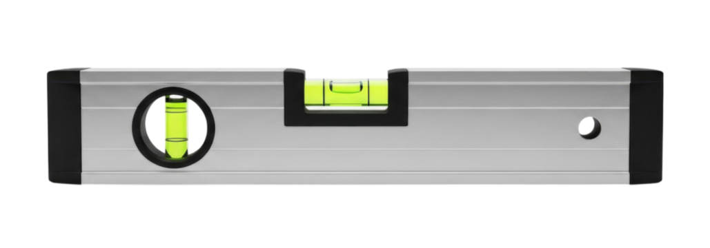 Level tool with bright green vials for precise measurements on a transparent background, cutout PNG
