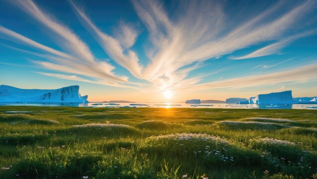 Vast icy landscape with glaciers and open green fields during sunset or sunrise, with dramatic cloud formations. - Powered by Adobe