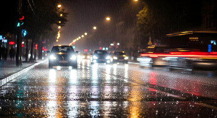 A dynamic shot of heavy, relentless rain pouring down on a city street at night, illuminated by the blurred streaks of car headlights and streetlights reflecting on the wet asphalt. The image captures