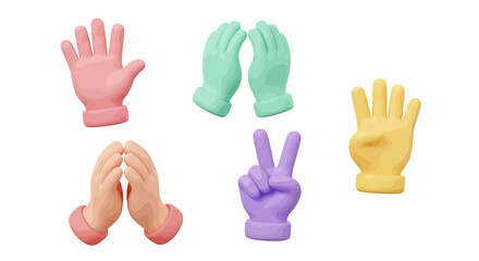 Colorful, stylized 3D rendered hands in various gestures, isolated on white background.