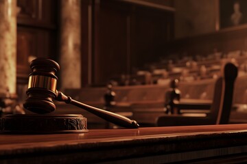 Obraz premium A low-angle shot of a judge’s gavel resting on a courtroom desk, with a blurred background of empty seats. The bottom portion can be used for a tagline about justice. 