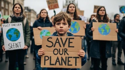 A determined young boy holding a 'Save Our Planet' sign at a climate change protest with a crowd of activists.