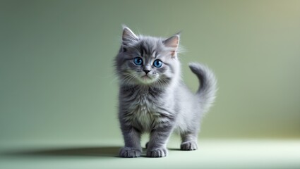 Obraz premium Cute gray kitten with blue eyes standing on a greenish background.