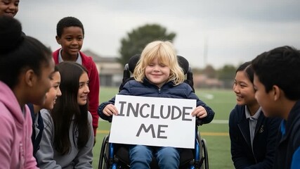 Smiling boy in wheelchair holds "Include Me" sign surrounded by diverse group of children on a field. - Powered by Adobe