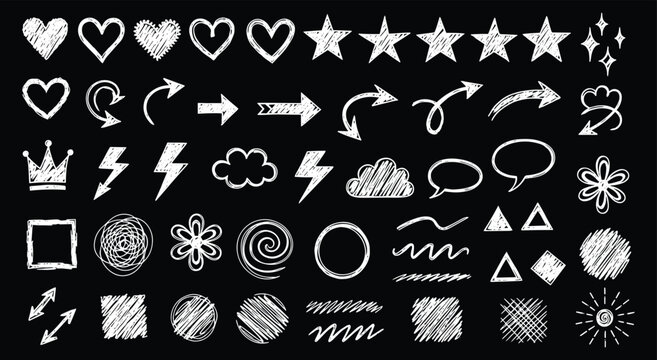 Set of chalk doodle vector icons on black background. Hand drawn sketch style hearts, stars, arrows, speech bubbles, and geometric shapes for grunge, chalkboard, and creative design.