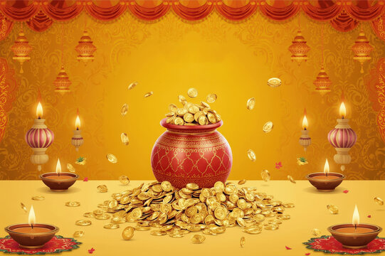 Festival of Dhanteras with golden pot and oil lamps, Hindu Diwali celebration and wealth concept, traditional Indian cultural prosperity festival photography

