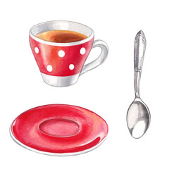 Cup of tea with a spoon. Watercolor hand-drawn illustration of a red and white mug with a hot drink. Clipart on a white background on the theme of food, kitchen, autumn, winter, coziness.