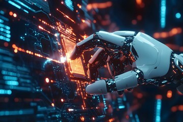 A close-up of a robotic hand assembling a glowing circuit board, surrounded by soft-focus lighting and digital data streams in the background. 
