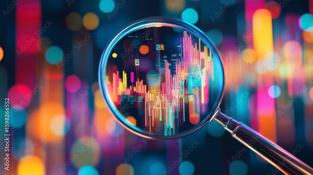 Sticker magnifying glass revealing vibrant financial data charts and graphs on colorful bokeh background.