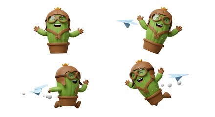 Cartoon cactus aviator flying with paper airplanes