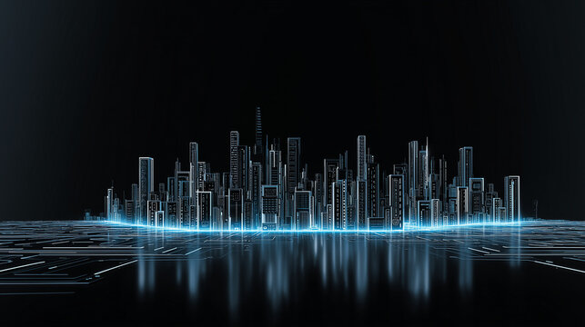 Futuristic abstract isometric city made of microchips and neon lines