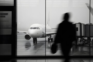 A blurry silhouette of a traveler walking in front of a large glass window with a focused view of the aircraft outside