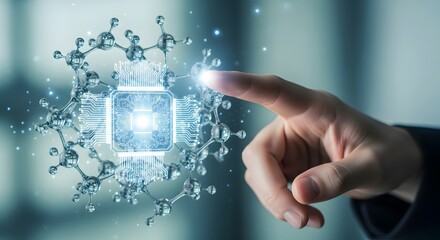 Exploring the intersection of biology and technology A finger interacts with a digital microchip model embedded within a molecular structure, signifying the convergence of life sciences and computing.