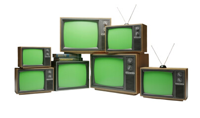 Vintage television sets stacked in a creative arrangement with green screens for design projects transparent background, cutout PNG