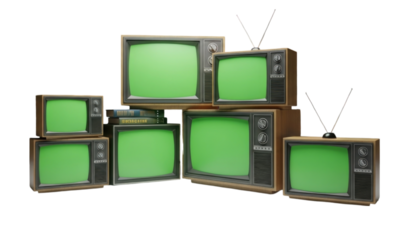 Vintage television sets stacked in a creative arrangement with green screens for design projects transparent background, cutout PNG