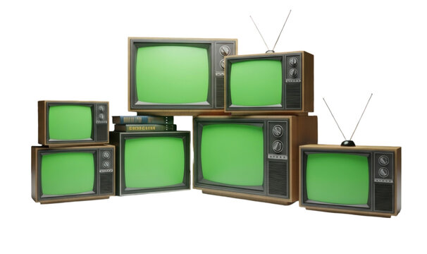 Vintage television sets stacked in a creative arrangement with green screens for design projects transparent background, cutout PNG